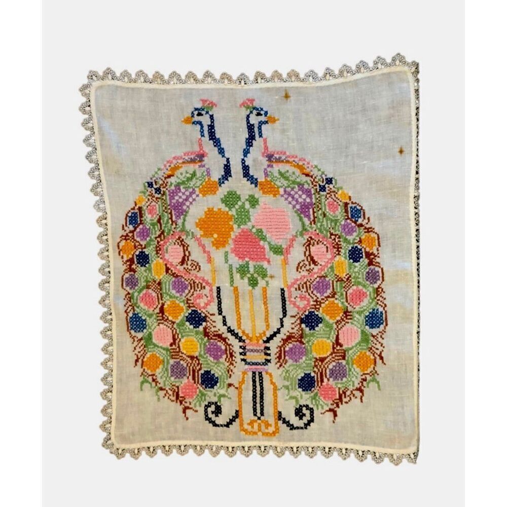 Vintage Peacock Embroidered Tapestry Art Cloth Panel